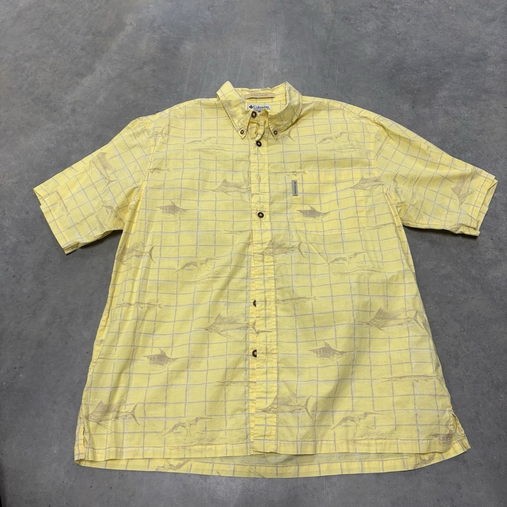 Columbia Shirt Men's XXL Yellow River Lodge Swordfish Gull Button Down Short Slv - Picture 1 of 3